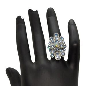 Adjustable Statement Ring Blue & AB Rhinestones Silver Tone